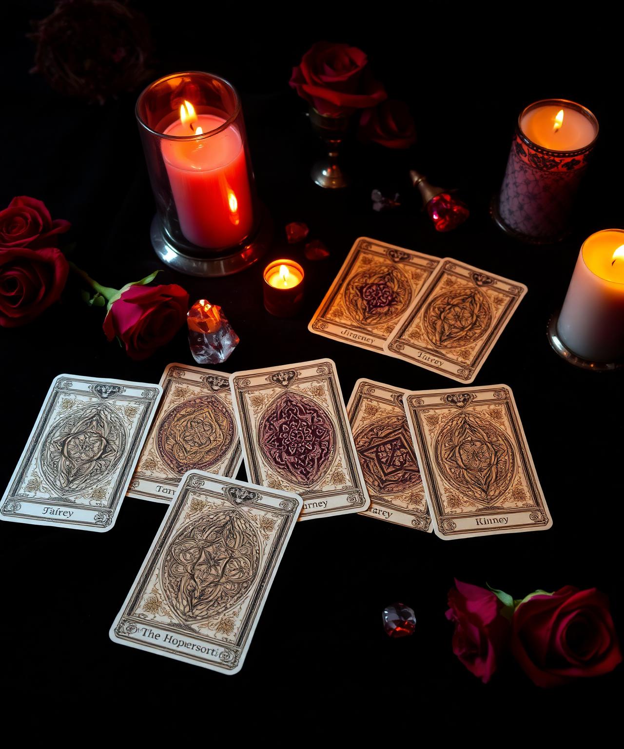 Cartas de tarô iluminadas por velas vermelhas